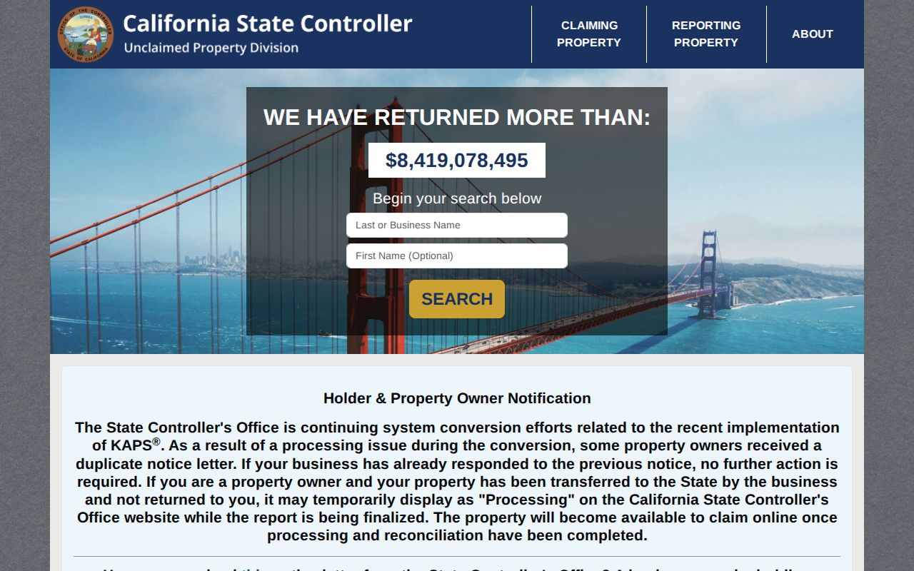 Lancaster neighbors California unclaimed property name search as a limited lead