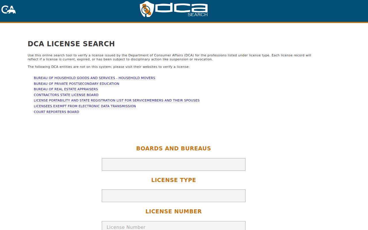 Lancaster resident lookup showing California professional license search
