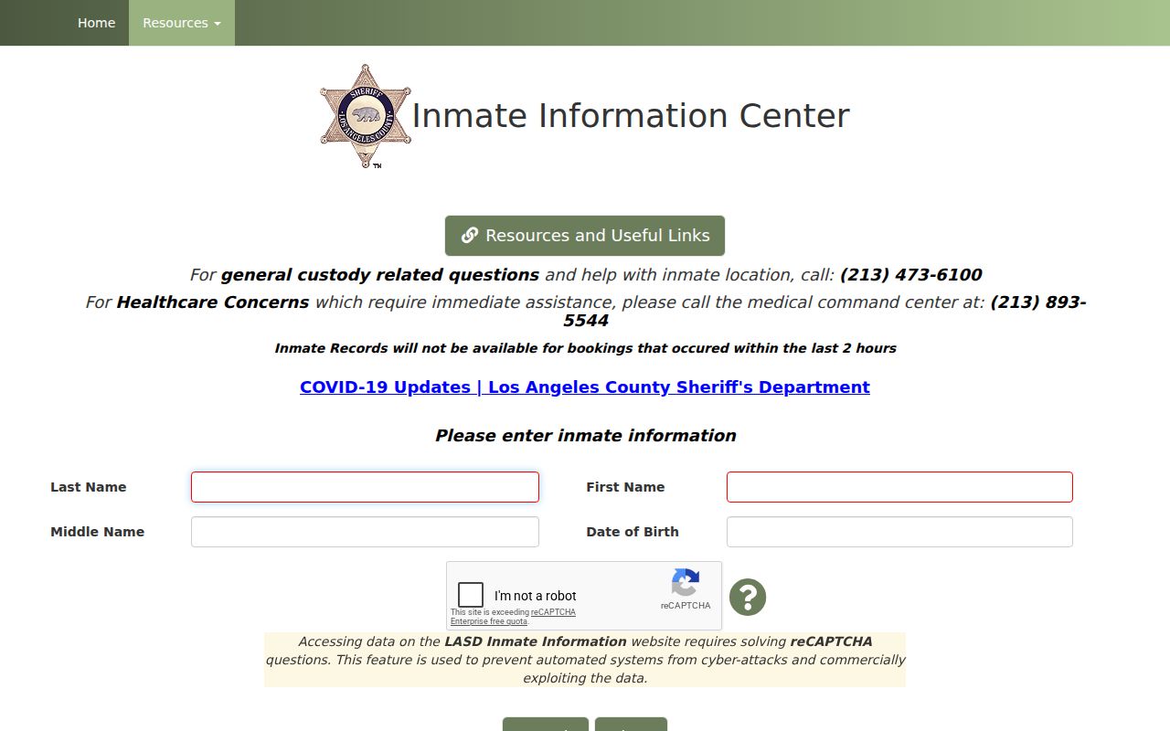 Lancaster resident lookup showing the Los Angeles County Sheriff inmate information center